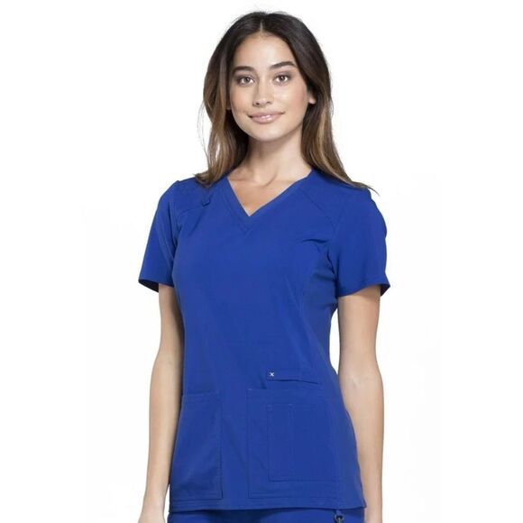 Cherokee iFlex Women's Scrubs Top V-Neck Knit Panel Work Wear Galaxy Blue - Picture 2 of 9